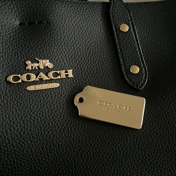 Coach Town Tote Polished Pebbled Leather Black, New - Picture 6 of 14